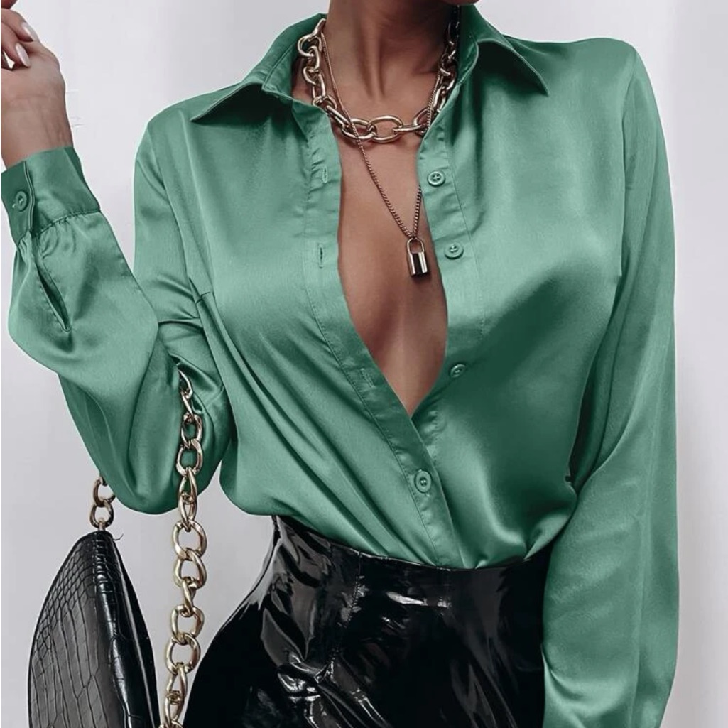 Luxe Green Silky Button Up Boyfriend Business Casual Satin Top